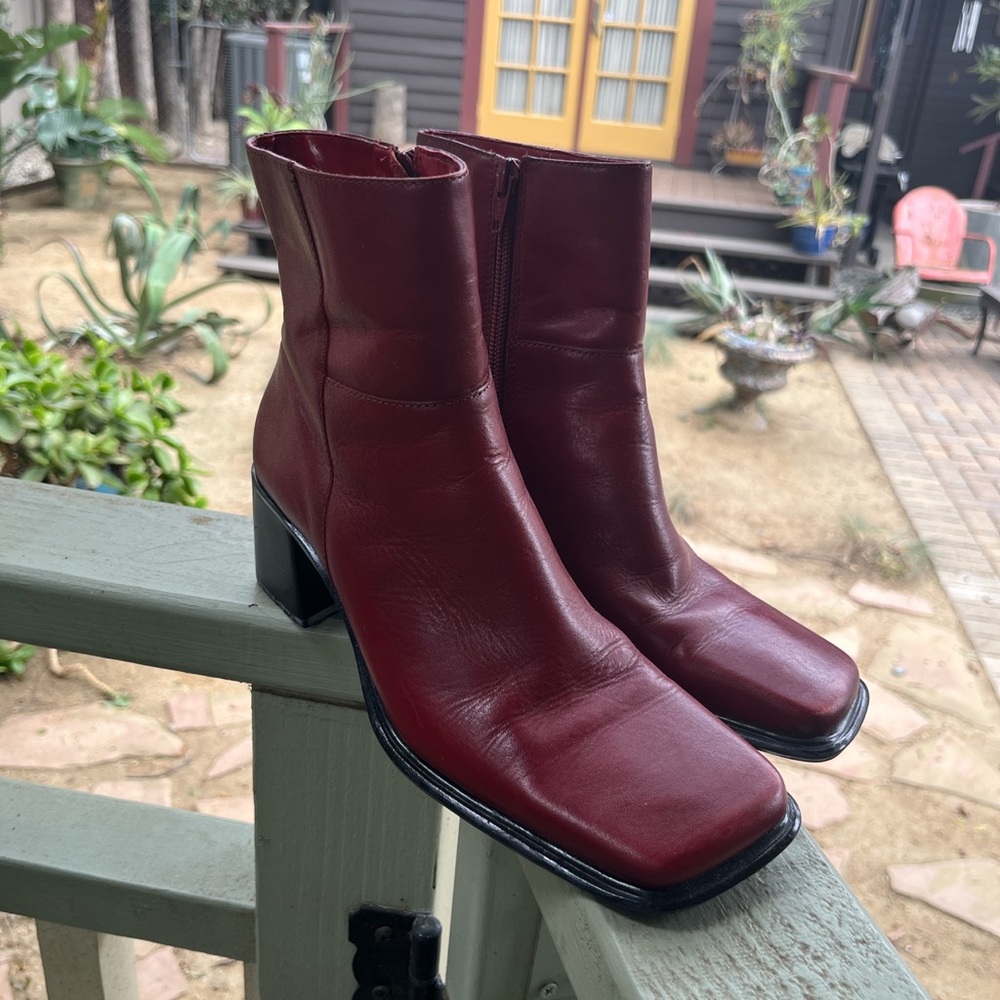 red square toe block heel vintage ankle booties 90s y2k